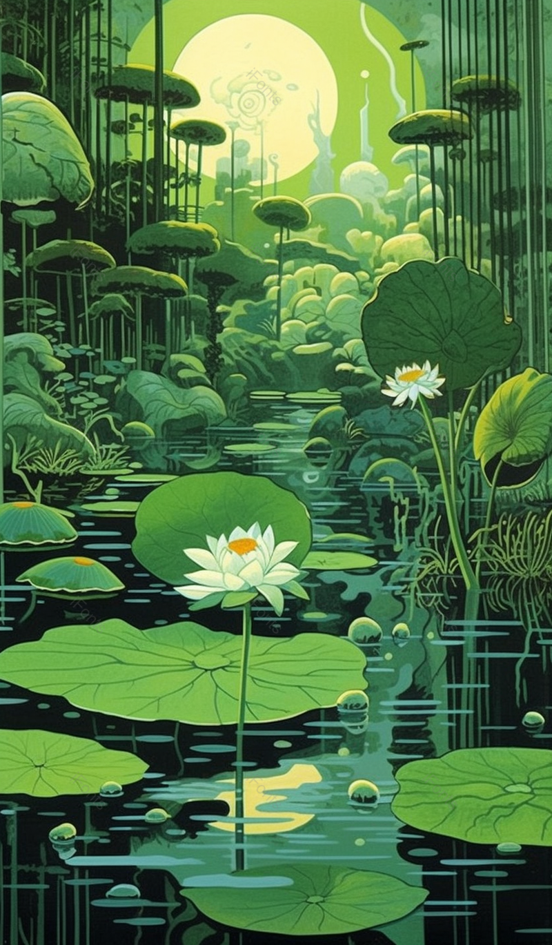 小暑绿色池塘里的荷叶荷花插画,插画/手绘图,插画/手绘图库,插画/手绘图下载,插画/手绘